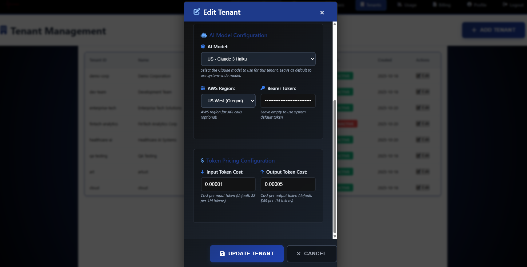 Edit Tenant page